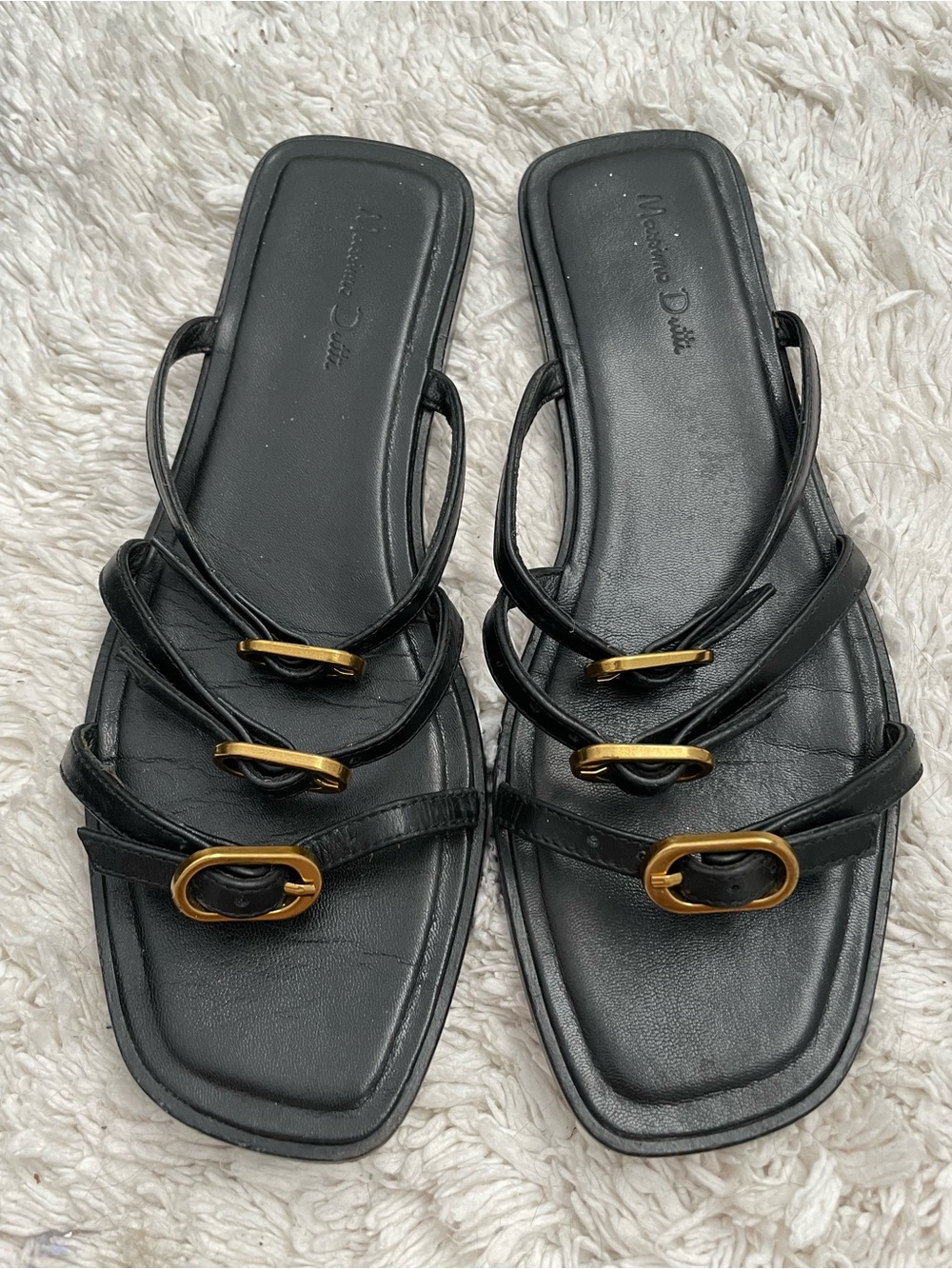 Massimo Dutti Black Leather Multi-Strap Slide Sandals with Gold Buckles